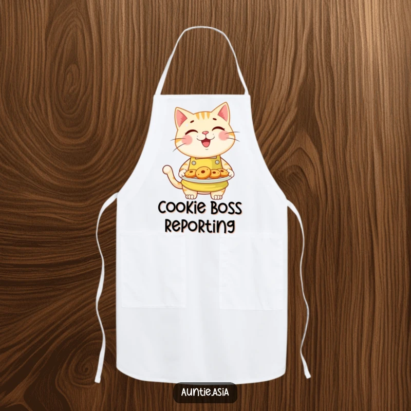 Funny cat wearing a bright apron, holding a plate of cookies, a humorous and functional apron for bakers.