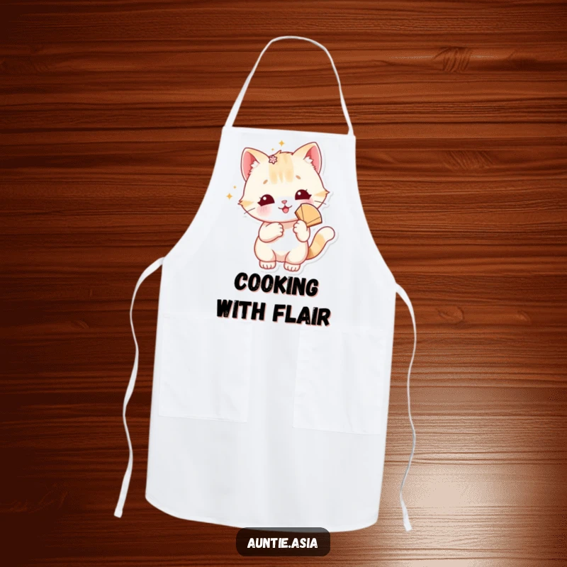 Funny cat apron with a playful cat, sparkly accessory, and fan, designed for stylish and fun kitchen activities.