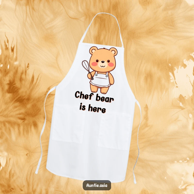 Funny bear wearing a small apron, holding a whisk and smiling, a humorous and functional apron.