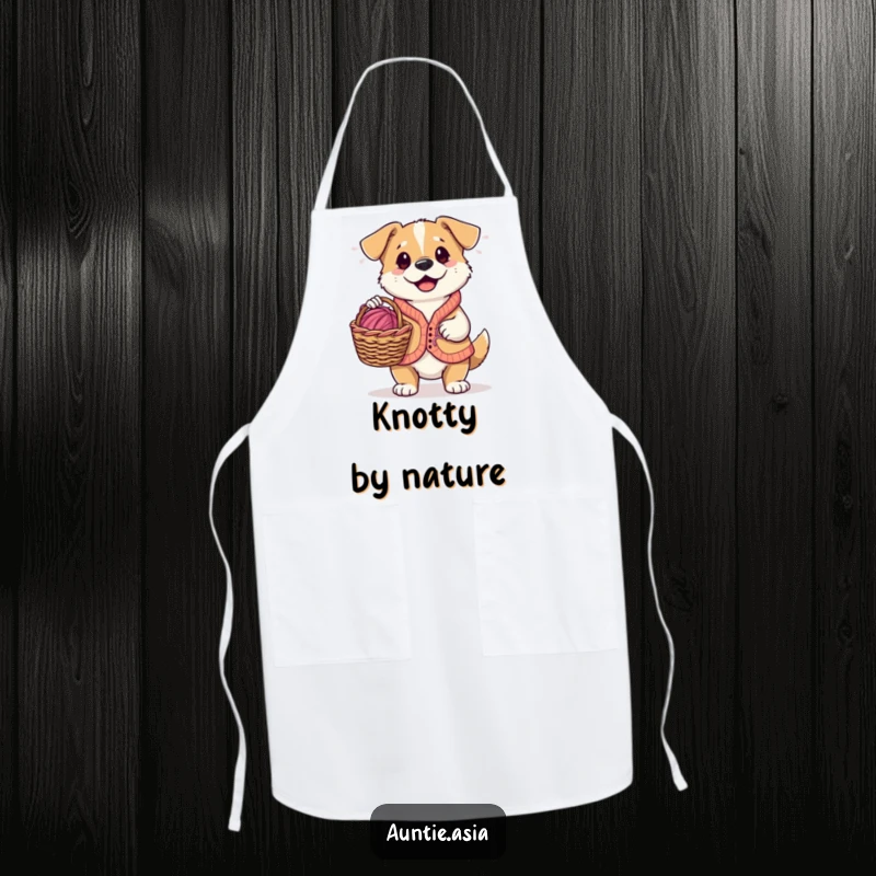 Funny dog in a vest, holding a knitting basket full of yarn, a humorous and functional apron for crafters.