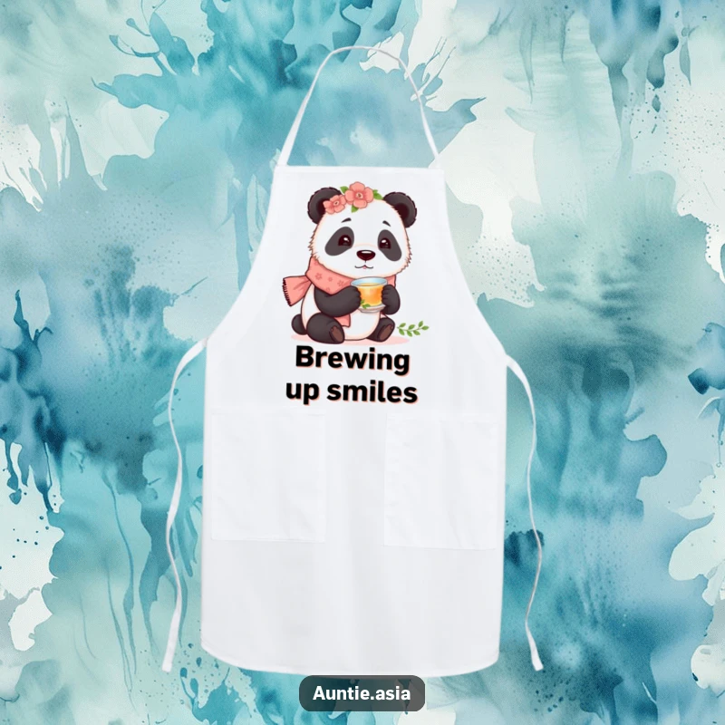 Funny panda wearing a floral scarf, tasting tea from a tiny cup, a humorous and functional apron.