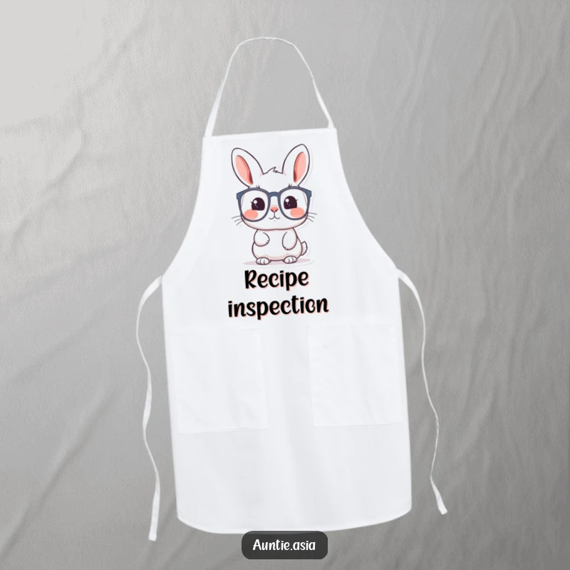 Funny rabbit apron with a curious rabbit looking through large glasses, designed for kitchen exploration and fun.