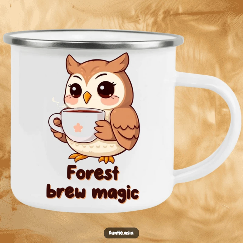 Funny owl camping mug with a smiling owl holding a tea cup, designed for outdoor enthusiasts who love humor.