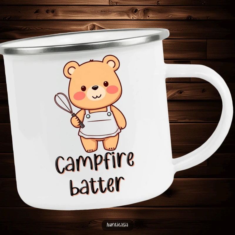 Funny friendly bear in a small apron, holding a whisk with a smile, a humorous camping mug for adventurers.