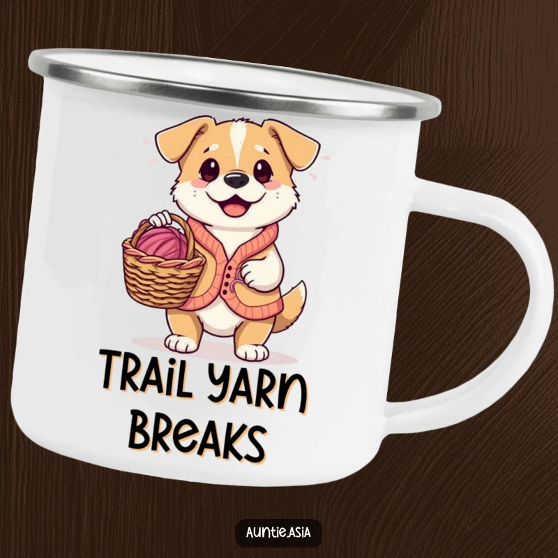 Funny playful dog in a small vest, holding a knitting basket with yarn, a humorous camping mug for crafters.