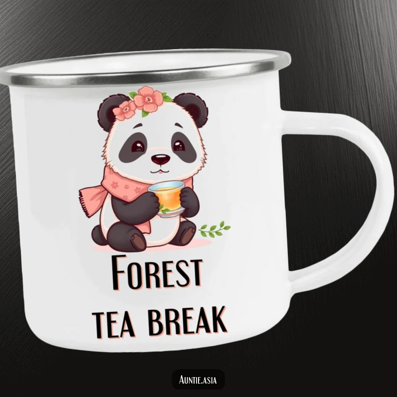 Funny curious panda in a floral scarf, tasting tea from a tiny cup, a humorous camping mug for adventurers.