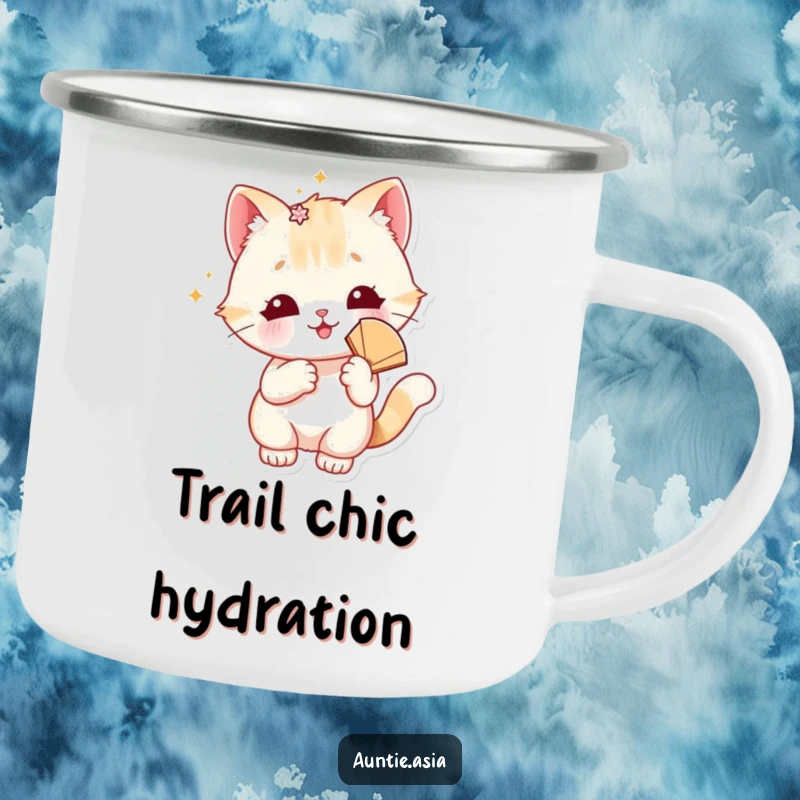 Funny cat camping mug with a playful cat, sparkly accessory, and fan, for stylish outdoor excursions.