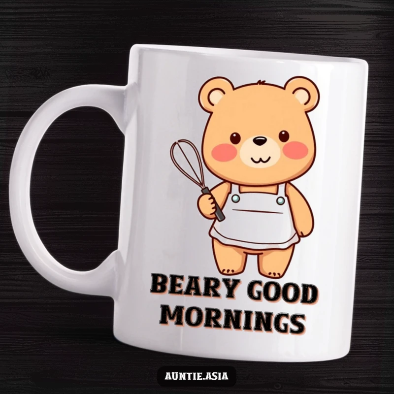 Funny friendly bear wearing a small apron, holding a whisk with a cheerful smile, perfect for bakers.