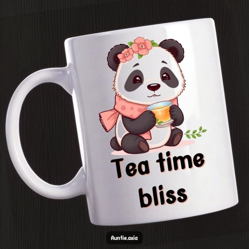 Funny curious panda wearing a floral scarf, delicately tasting from a tiny teacup, creating a whimsical mug.