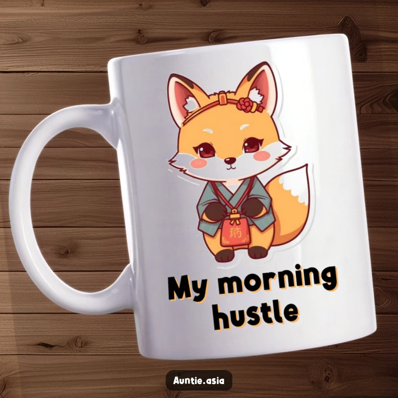 Funny fox mug featuring a determined fox in traditional attire with a hairpin, ready for any challenge.