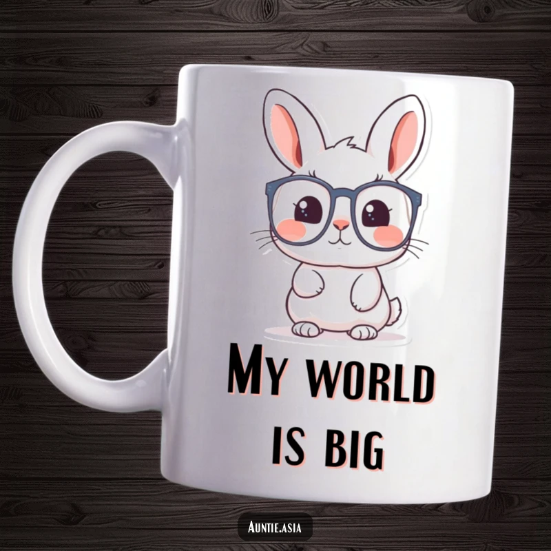 Funny rabbit mug featuring a curious rabbit peering through large glasses, symbolizing wonder and exploration.