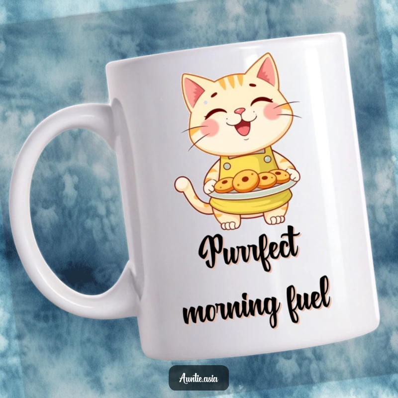 Funny cat wearing a bright apron, offering a plate of warm cookies with a cheerful expression, perfect for cat lovers.