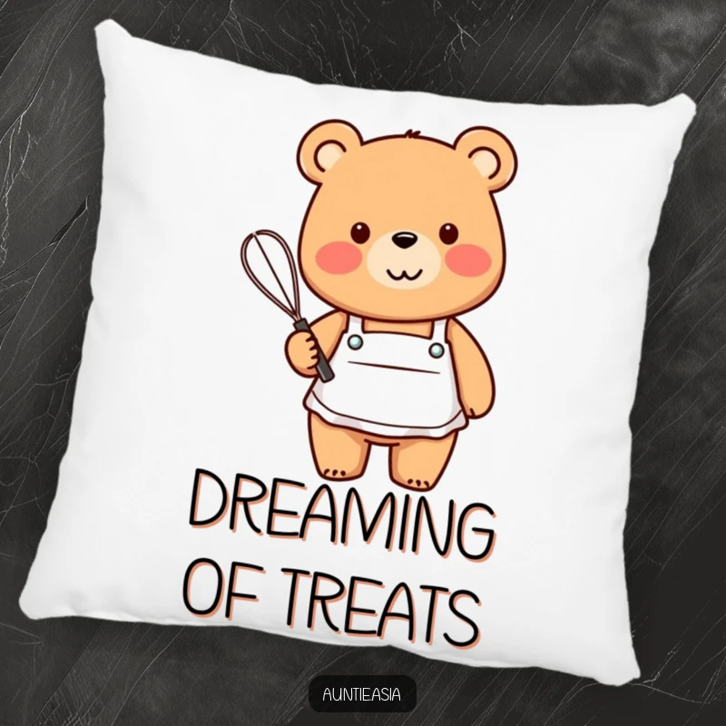 Funny friendly bear in a small apron, holding a whisk with a smile, a soft and humorous decorative pillow.