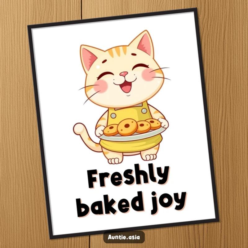 Funny cat in a baking apron, holding a plate of delicious cookies, a humorous and cheerful digital art download.