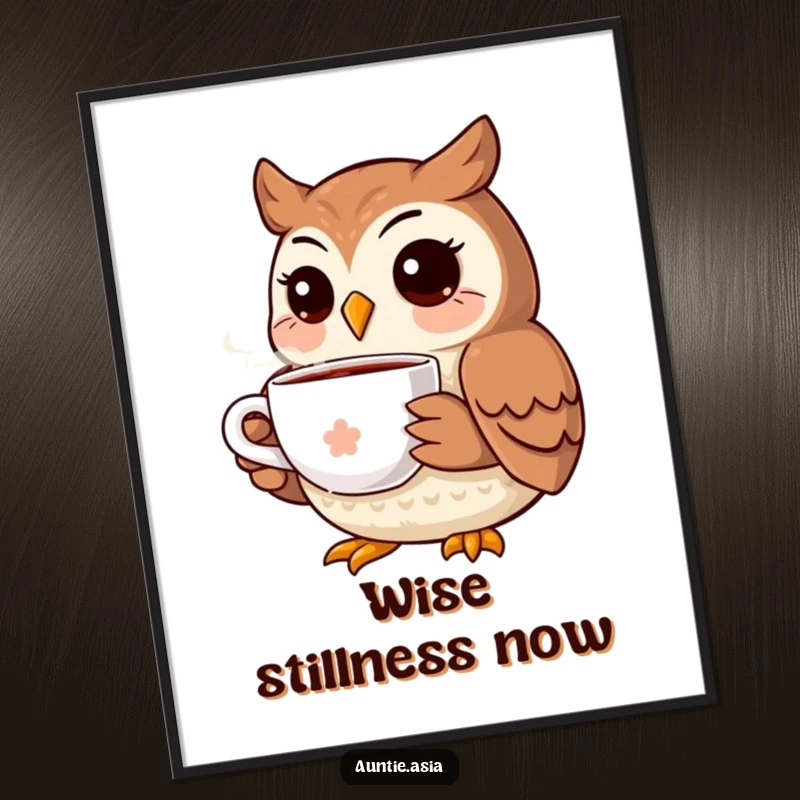 Funny owl digital art print of a happy owl holding a steaming tea cup, radiating warmth and playful energy.