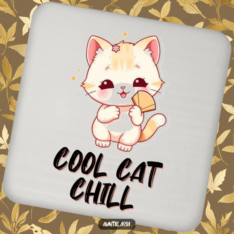 Funny cat coaster featuring a playful cat with a sparkly accessory and fan, adding glamour to drink service.