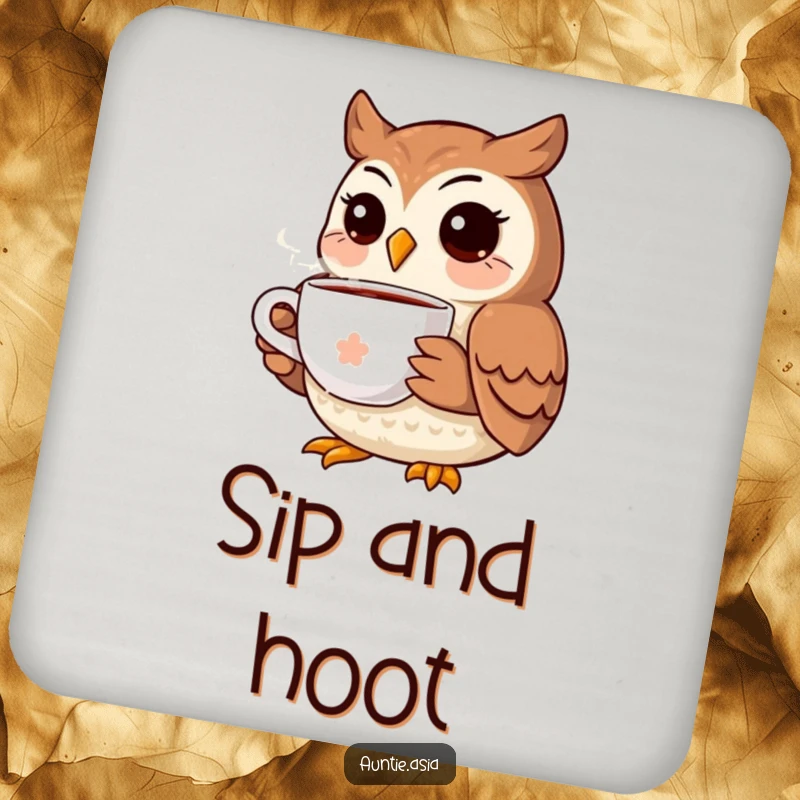 Funny owl coaster featuring a smiling owl with a tea cup, protecting surfaces with a touch of whimsy.