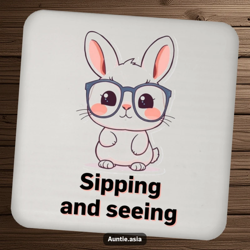 Funny rabbit coaster featuring a curious rabbit looking through large glasses, adding a touch of wonder to table settings.