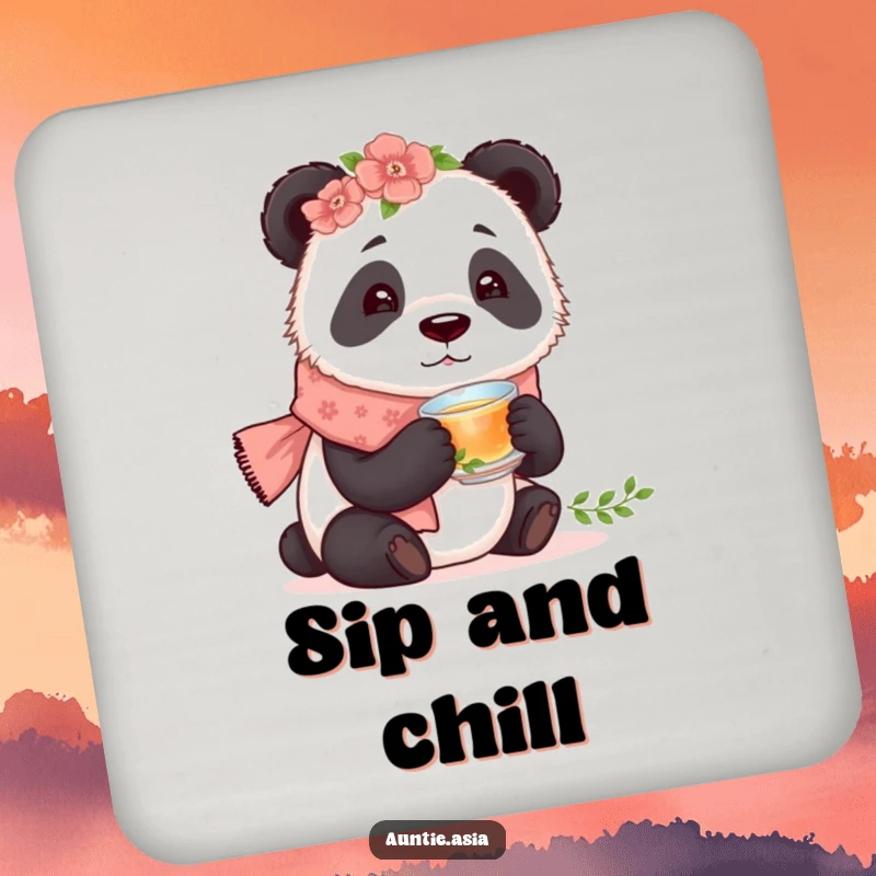 Funny curious panda wearing a floral scarf, tasting tea from a tiny cup, a humorous and functional drink coaster.