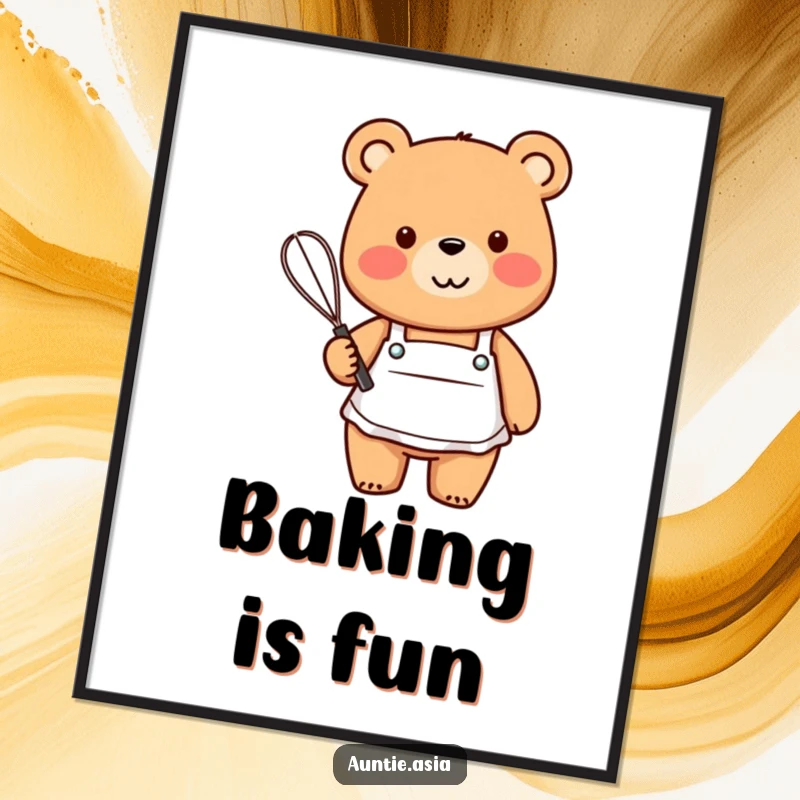 Funny friendly bear wearing a small apron, holding a whisk with a smile, a humorous and cheerful wall art.