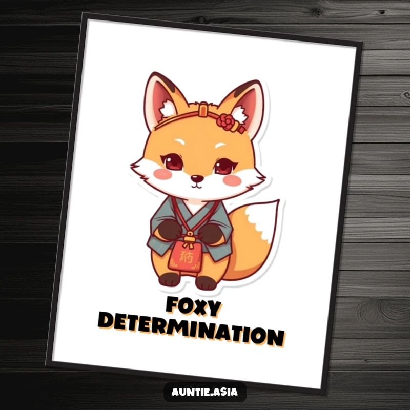 Funny fox poster displaying a determined fox adorned with a traditional hairpin, ready for any endeavor.