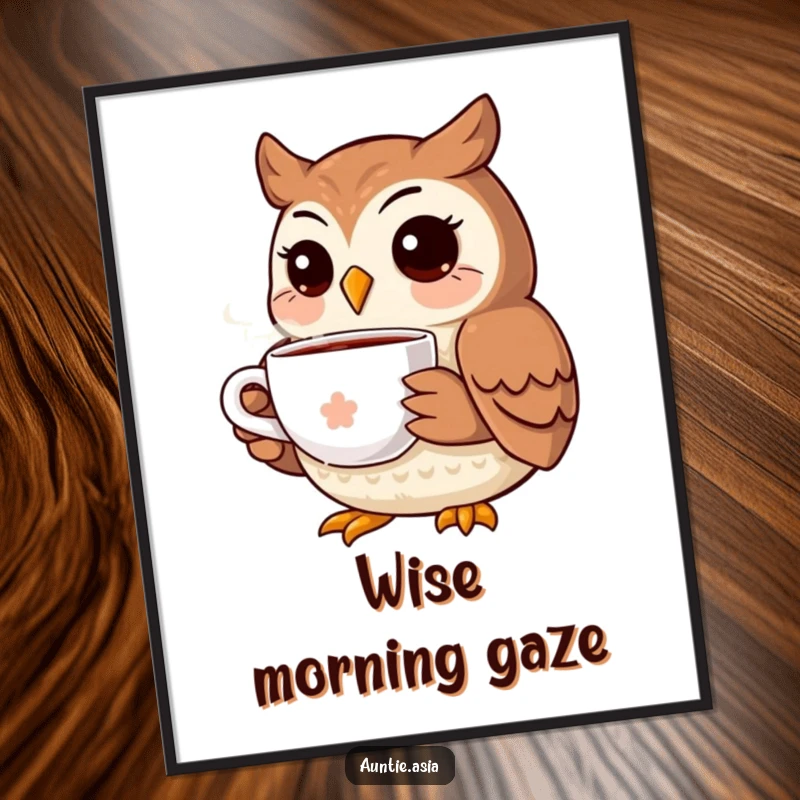 Funny owl poster displaying a happy owl holding a steaming cup of tea, embodying warmth and lightheartedness.