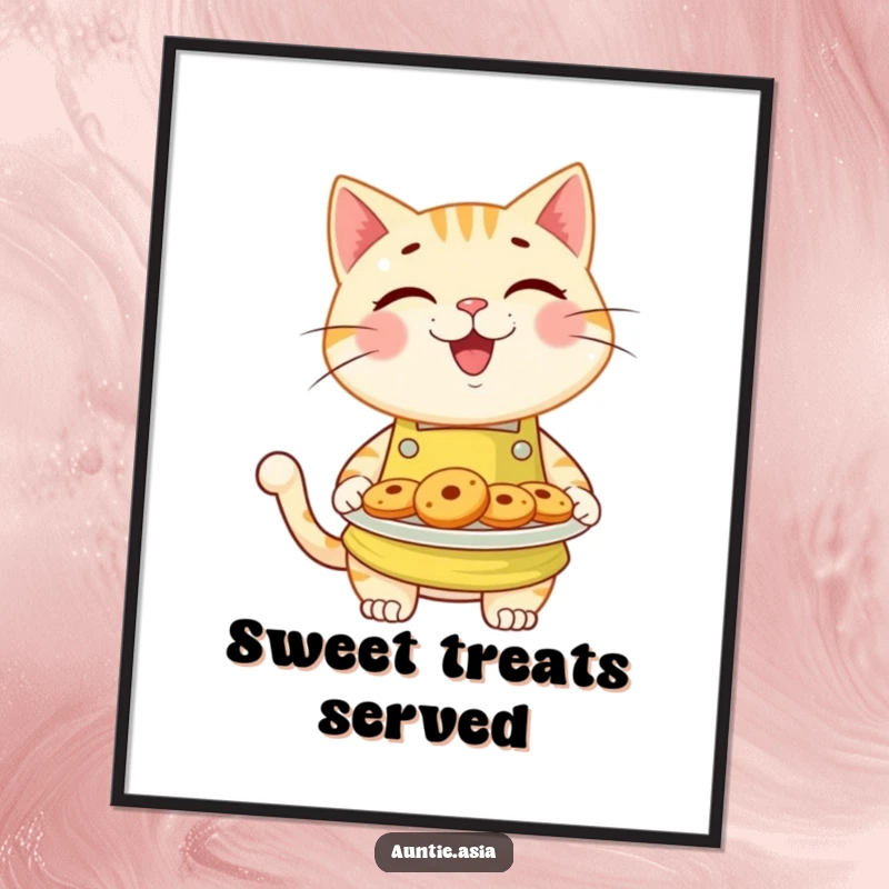 Funny cat wearing a bright apron, offering a delightful plate of cookies, a humorous and cheerful wall art.