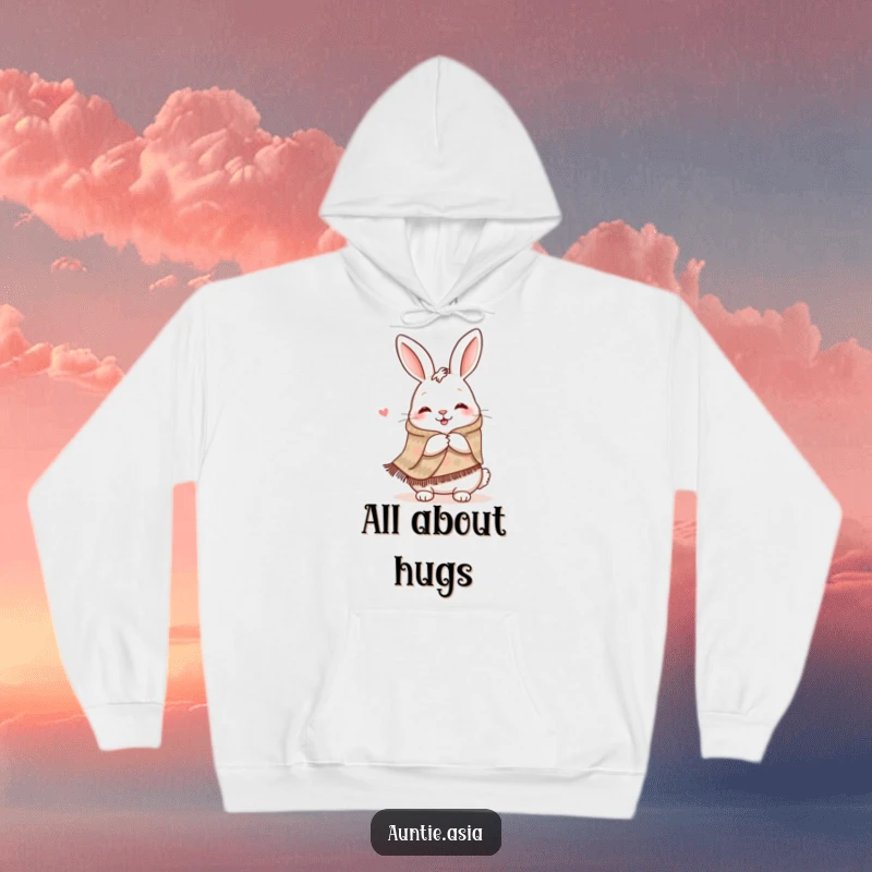 Funny happy rabbit wearing a patterned shawl, offering a warm hug, a cozy and humorous hoodie.