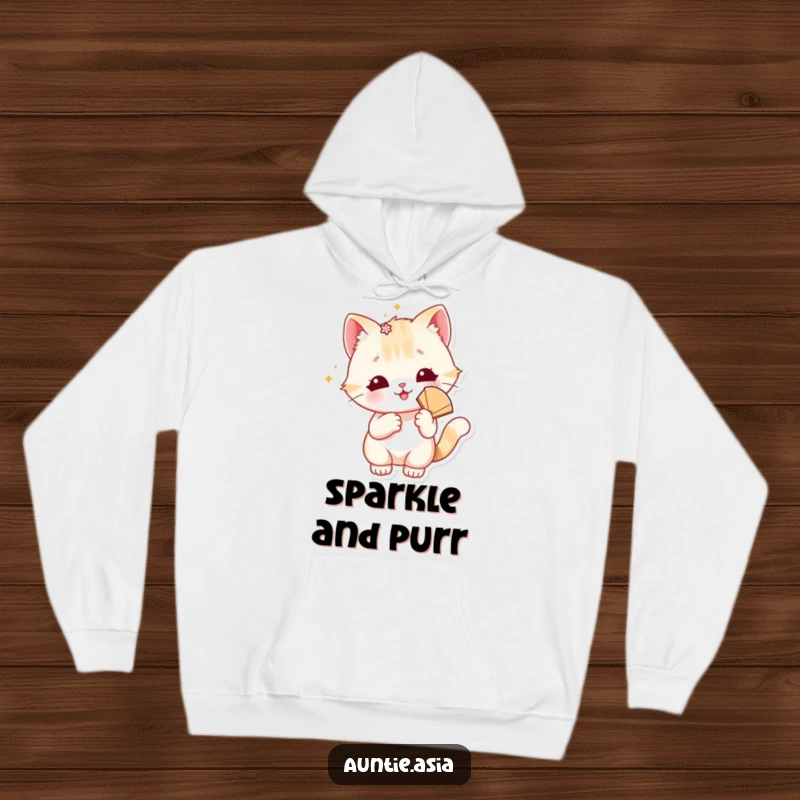 Funny cat hoodie featuring a playful cat with a sparkly hair accessory and a fan, offering warmth and style.