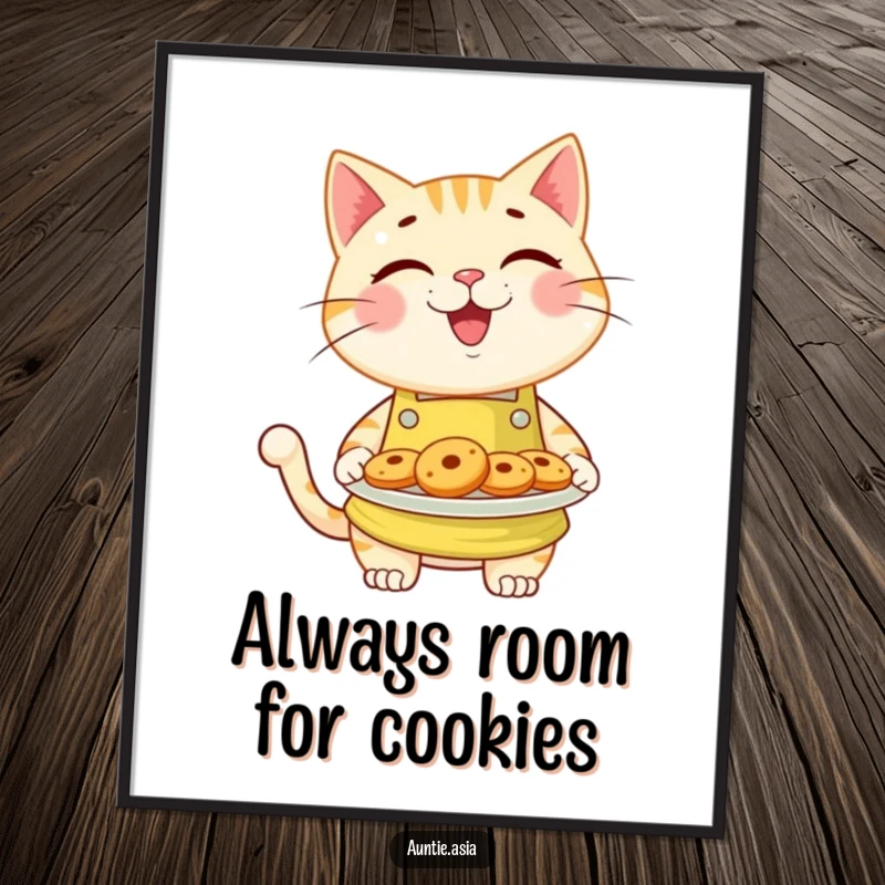 Funny Free Printable Wall Art: Cheerful cat wearing an apron holds a plate piled high with delicious cookies.