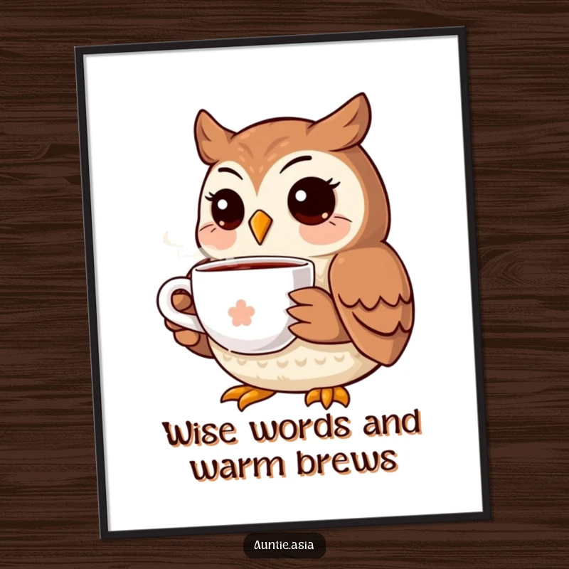 Funny Free Printable Wall Art: A smiling owl enjoys a warm cup of tea, creating a cozy and humorous atmosphere for your room.