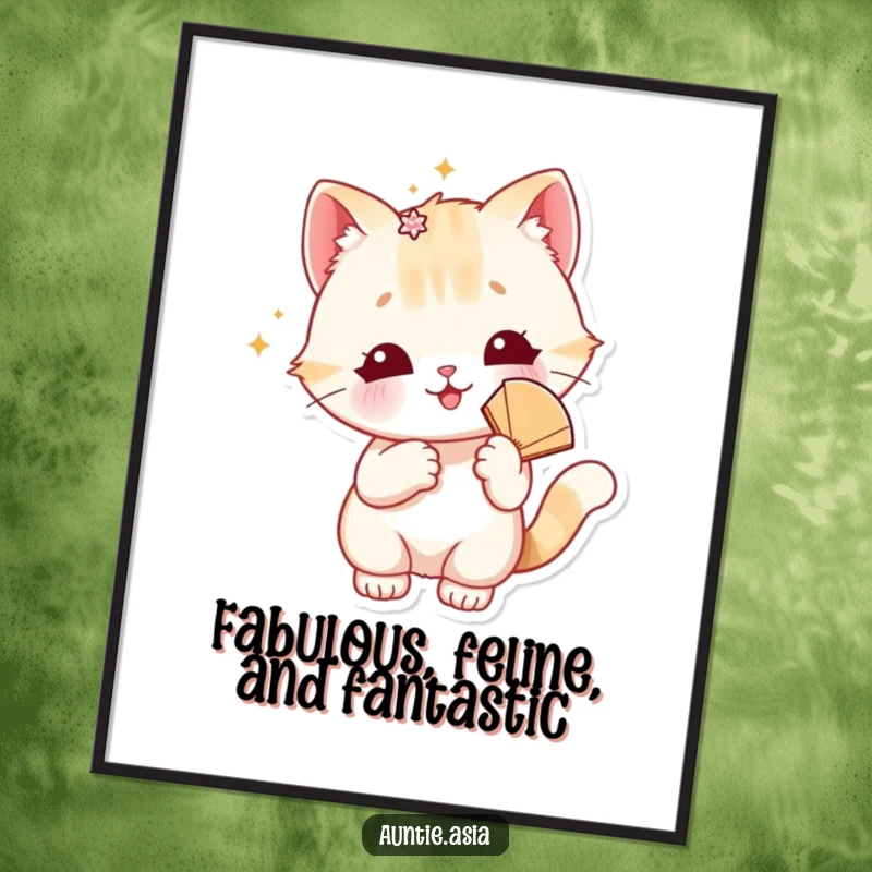 Funny Free Printable Wall Art: A playful cat in a sparkly accessory holds a fan, exuding diva energy and humorous charm for your space.