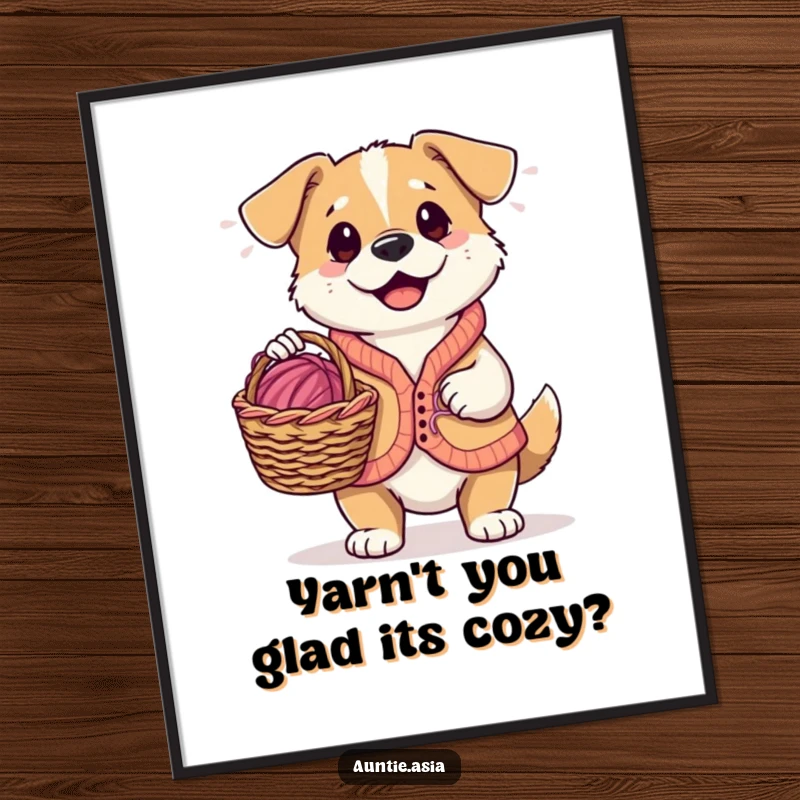 Funny Free Printable Wall Art: A dog in a small vest sits with a knitting basket overflowing with colorful yarn.