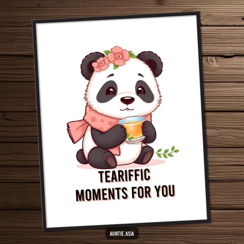 Funny Free Printable Wall Art: A curious panda wearing a floral scarf delicately sips from a tiny teacup.