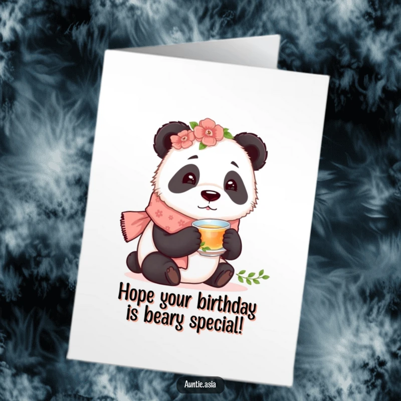 Funny Free Printable Birthday Card: Curious panda in floral scarf tastes tiny cup of tea, wishing happy birthday.