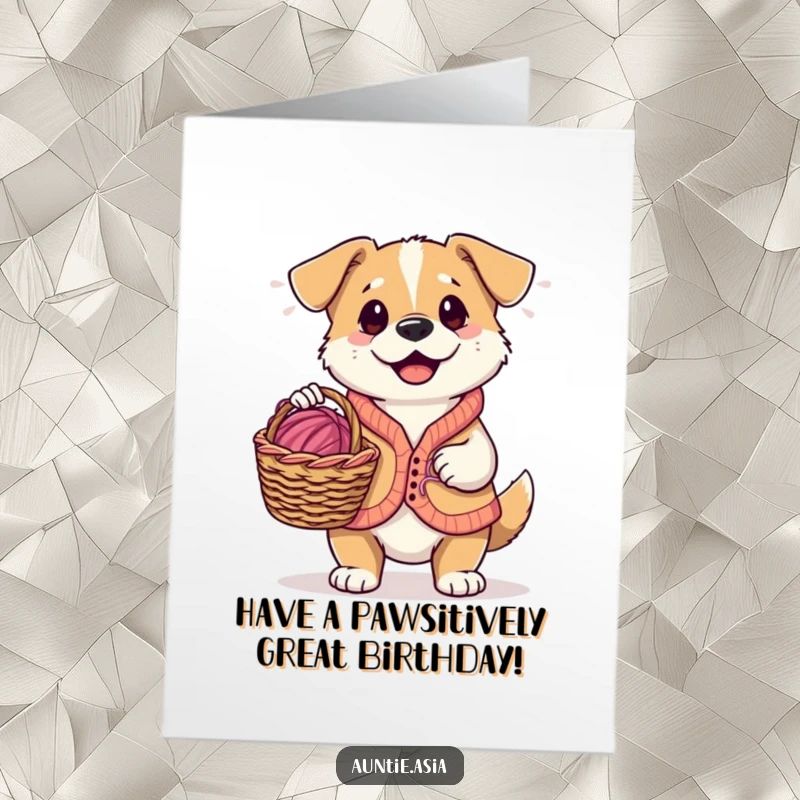 Funny Free Printable Birthday Card: Playful dog in vest sits with knitting basket and yarn, ready to craft.