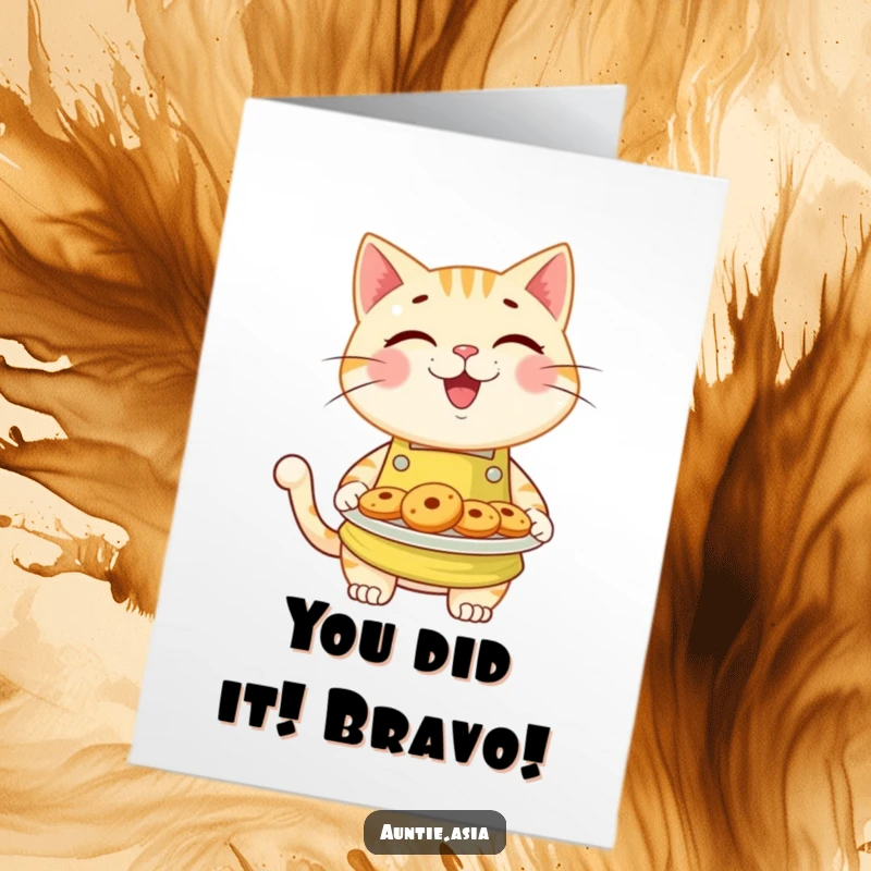 Funny Free Printable Congratulations Card: Smiling cat in apron presents a plate of cookies to celebrate success.