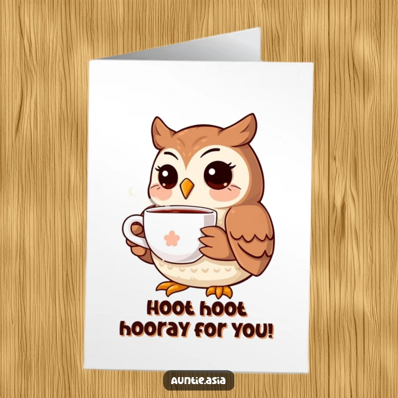Funny Free Printable Congratulations Card: A cheerful owl enjoys tea, conveying warm wishes for any joyous occasion, a delightful downloadable.
