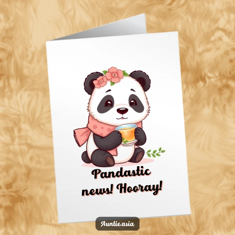 Funny Free Printable Congratulations Card: Curious panda wearing a floral scarf sips from a tiny teacup with joy.