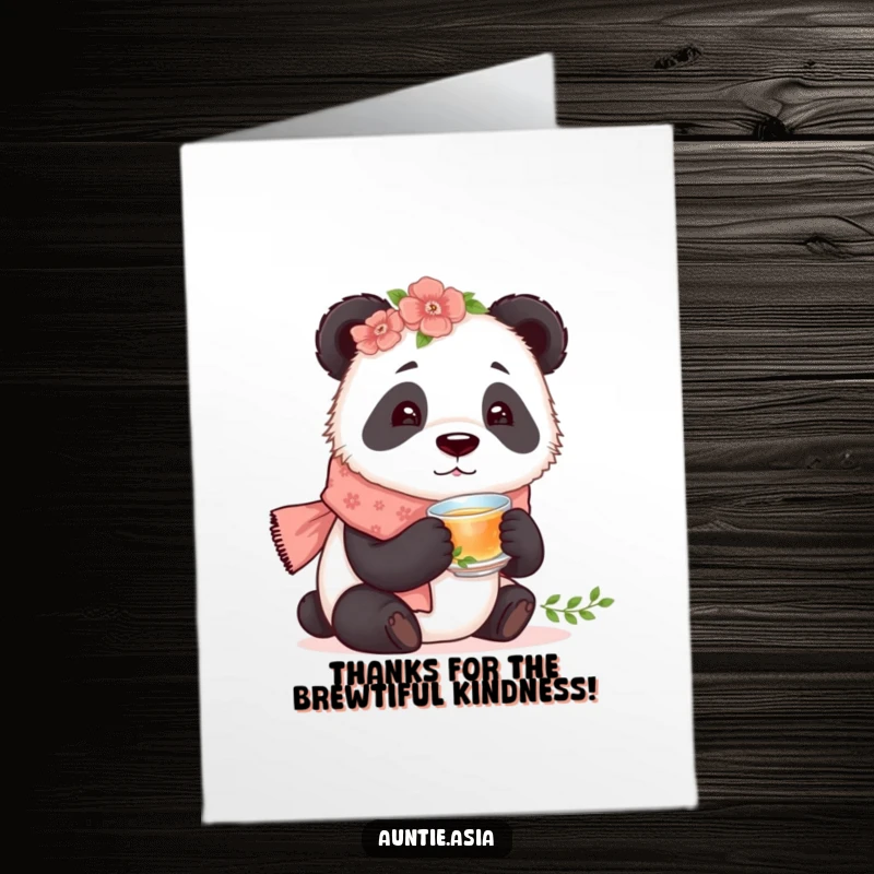 Funny Free Printable Thank You Card: Curious panda in floral scarf enjoys a tiny cup of tea as thanks.