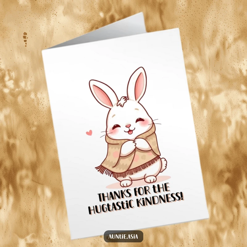 Funny Free Printable Thank You Card: Happy rabbit in a patterned shawl offers a warm, heartfelt hug of thanks.