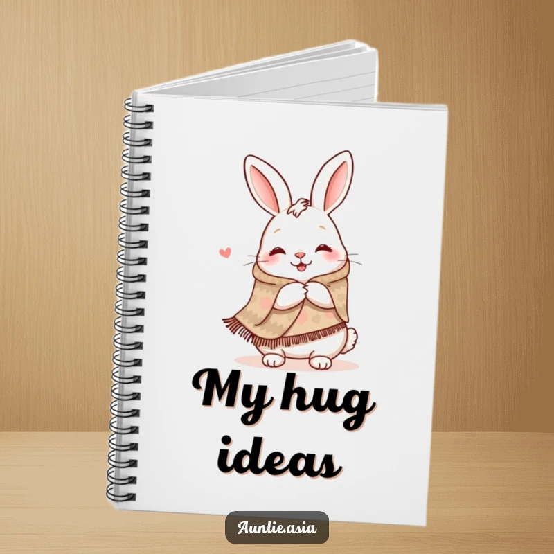 Funny happy rabbit wearing a patterned shawl, offering a warm hug, a humorous and inspiring notebook.