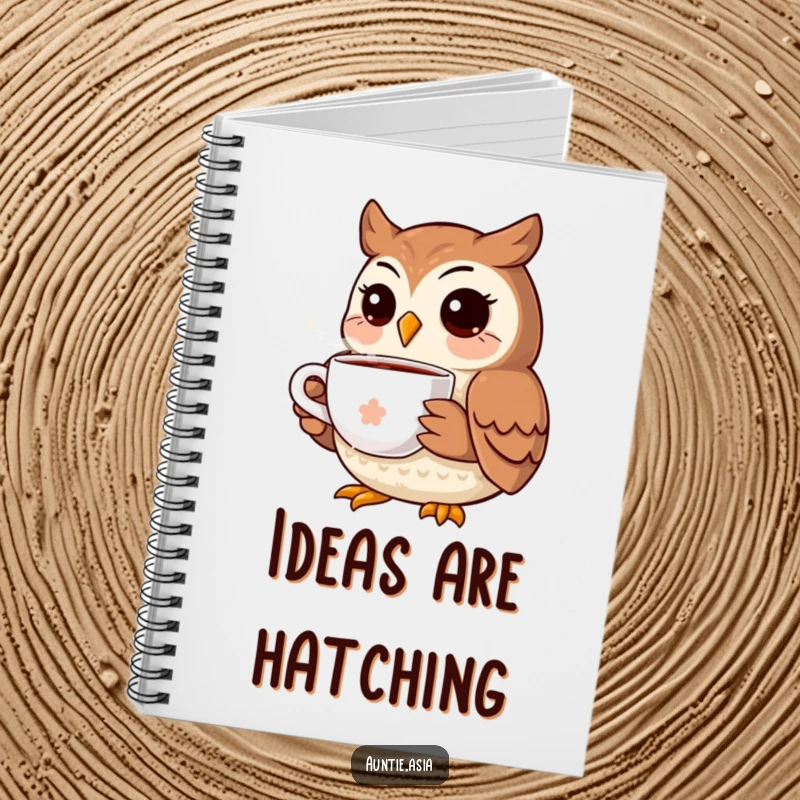 Funny owl notebook featuring a smiling owl with a tea cup, ideal for capturing notes and ideas with humor.