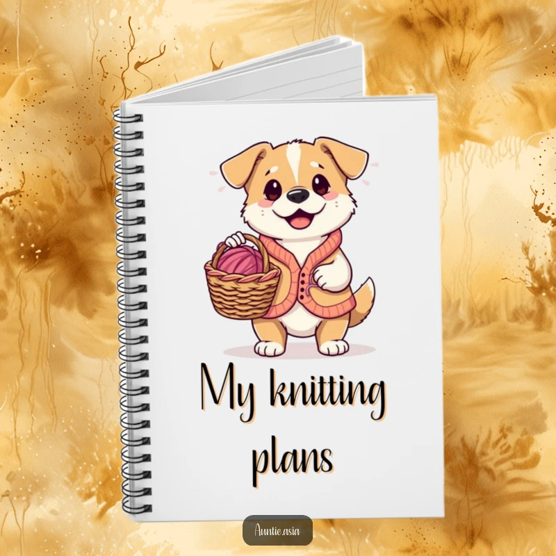 Funny dog in a vest, holding a knitting basket with yarn, a humorous and inspiring notebook.