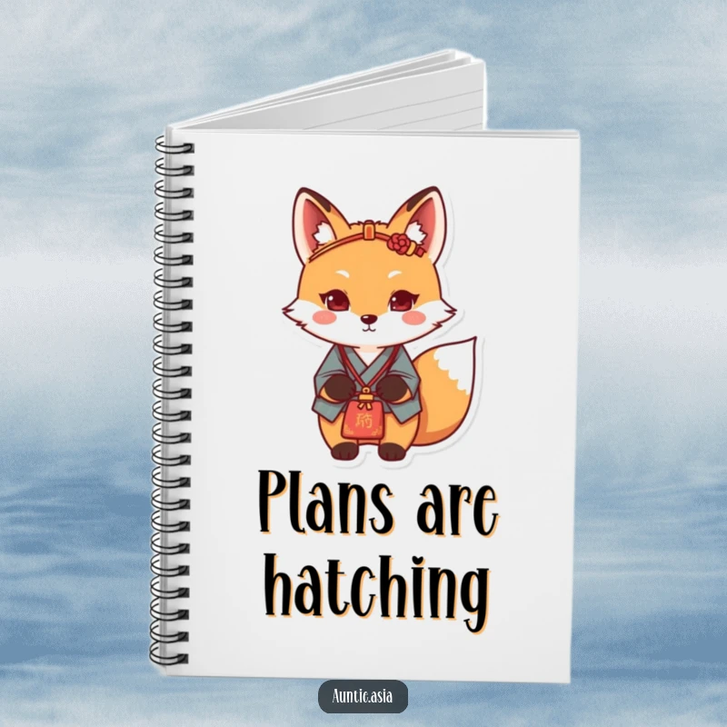 Funny fox notebook featuring a determined fox with a traditional hairpin, ideal for jotting down plans and strategies.