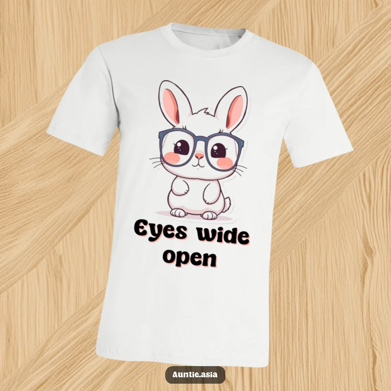 Funny rabbit t-shirt showing a curious rabbit looking through large glasses, embodying wonder and a thirst for knowledge.
