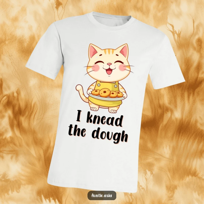 Funny cat wearing a bright apron, holding out a plate of freshly baked cookies, a delightful and humorous t-shirt design.