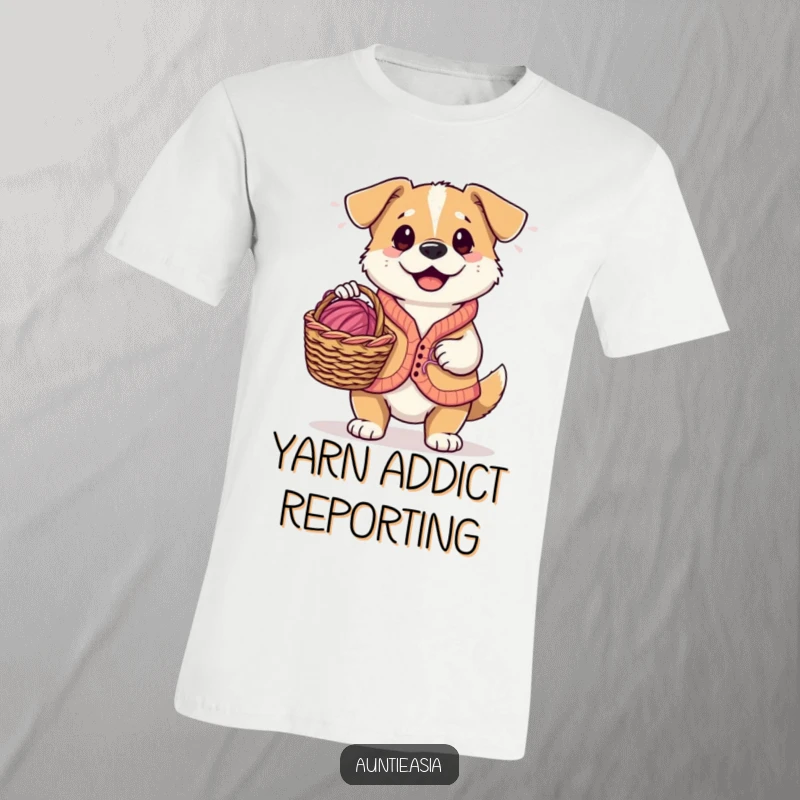 Funny dog in a small vest, holding a knitting basket with yarn, a humorous t-shirt for crafters.