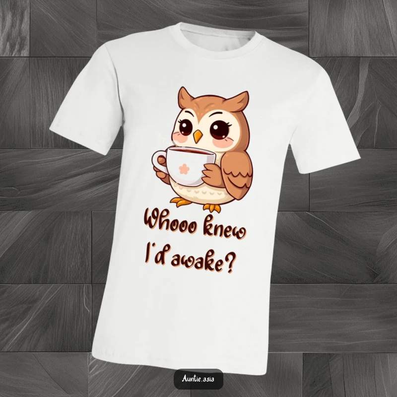 Funny owl t-shirt featuring a smiling owl holding a steaming cup of tea, radiating joy and a love for warm drinks.