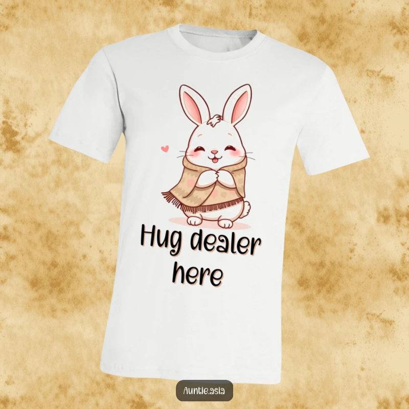 Funny happy rabbit in a patterned shawl, offering an open-armed hug, a humorous and heartwarming t-shirt.